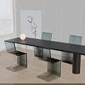 Modern Minimalist Dark Dining Table Set Featuring Transparent Glass Chairs And White Spherical Lamp