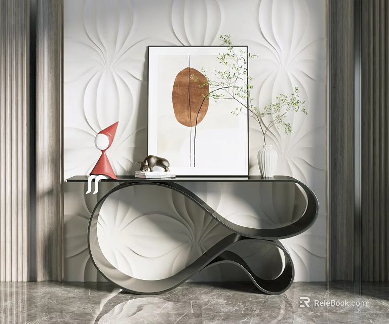 Modern Curved Console Table With White Patterned Wall And Decorative Elements 3d model