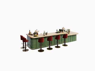 Stylish Bar Counter With Green Cabinetry Light Countertop Red Bar Stools and Wine Bottles 3d model
