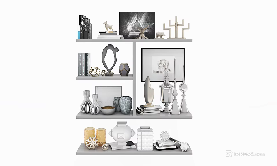 Stylish Decorative Ornament Set on Multi Layer Shelves with Vases Sculptures Frames and Geometric Decor 3d model 