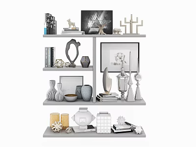Stylish Decorative Ornament Set on Multi Layer Shelves with Vases Sculptures Frames and Geometric Decor 3d model