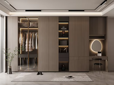 Modern Wooden Wardrobe With Built in Lighting Clothing Hanging Storage Round Mirror And Dressing Table 3d model