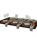 Elegant Dinnerware Set with Plates Glassware Cutlery on Brown Dining Table