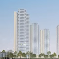 Vibrant Commercial Street With Modern High Rise Buildings Pedestrians And Greenery