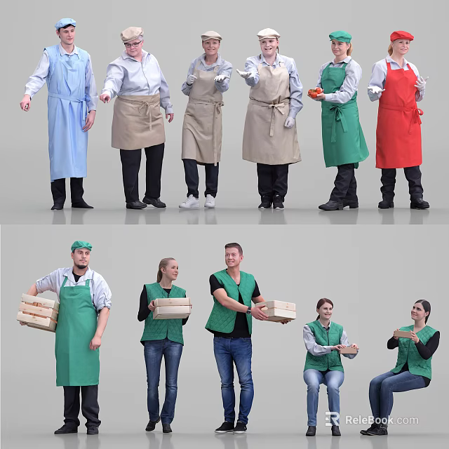 Group of People Wearing Various Colored Aprons Working Together Holding Wooden Boxes 3d model 