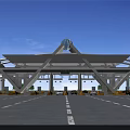 Modern Toll Gate Structure With Arch Design And Blue Sphere On Clear Sky Lane