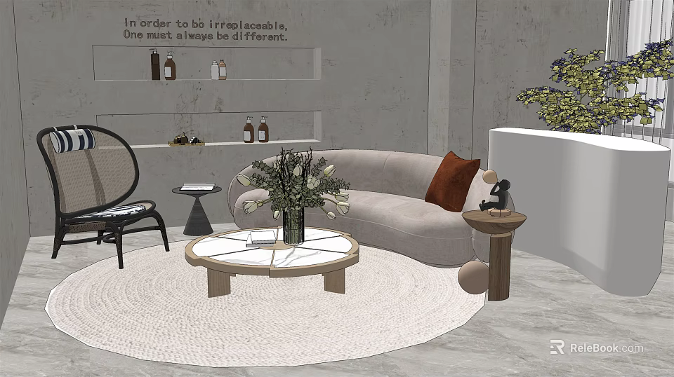 Modern Minimalist Sofa And Coffee Table Set With Round White Rug And Floral Decor 3d model 