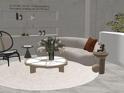 Modern Minimalist Sofa And Coffee Table Set With Round White Rug And Floral Decor 3d model