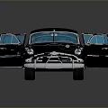 Vintage Black Car with Open Doors Shiny Exterior Chrome Details and Brown Interior