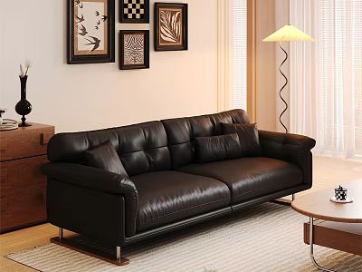 Modern Living Room Interior Design With Black Leather Sofa Wall Art Floor Lamp Wooden Cabinet 3d model