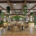 Open Space Restaurant With Wooden Ceiling Hanging Green Plants Pendant Lights And Red Brick Walls