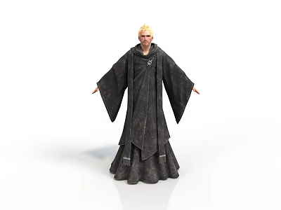 Man in Long Black Robe with Blonde Hair Standing on White Background 3d model