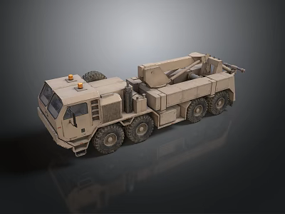 Military Sand Colored Heavy Duty Truck With Crane And Multiple Wheels 3d model