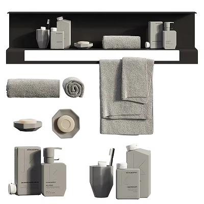Elegant Modern Washing Daily Supplies With Towels Soap Bottles And Dispensers 3d model