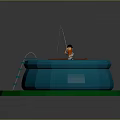 Little Boy Fishing From Red Boat In Blue Inflatable Pool With Ladder And Green Grass