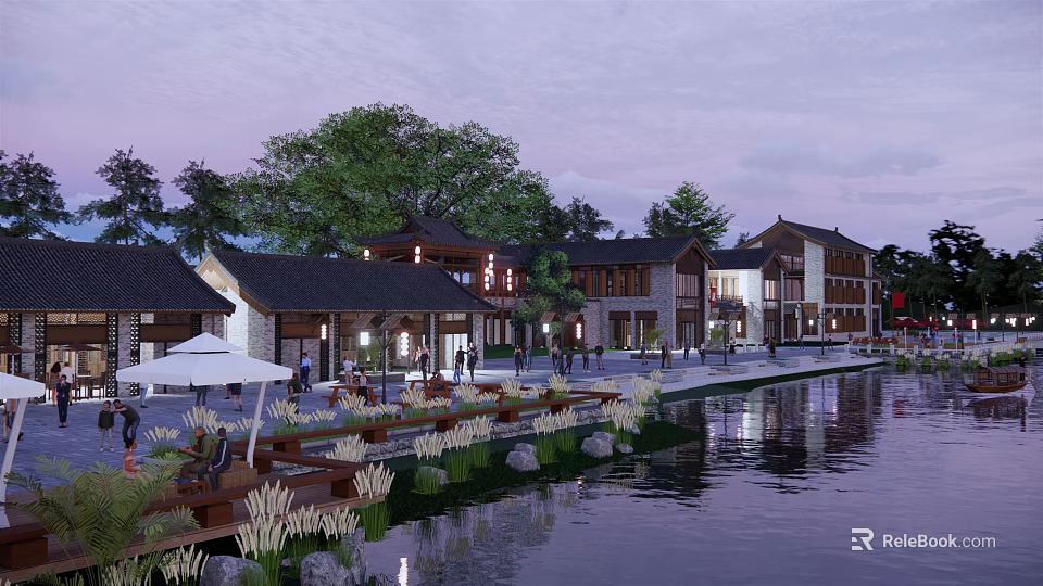 Traditional Style Commercial Street Along Waterfront With Nighttime Lighting And Pedestrian Activity 3d model 
