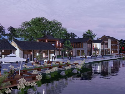 Traditional Style Commercial Street Along Waterfront With Nighttime Lighting And Pedestrian Activity 3d model