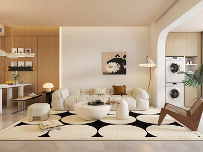 Modern Living Dining Room Interior With White Sofa Coffee Table Circular Rug And Floor Lamp 3d model