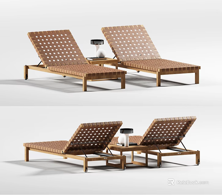 Two Rattan Woven Lounge Chairs With Wooden Frame And Side Table Lamp 3d model 