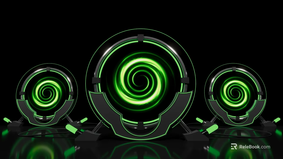 Futuristic Photo Spot With Three Circular Devices Green Spiral Lights And Reflection 3d model 