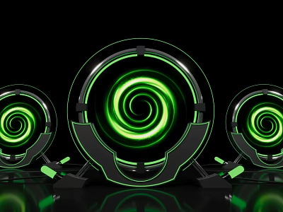 Futuristic Photo Spot With Three Circular Devices Green Spiral Lights And Reflection 3d model