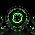 Futuristic Photo Spot With Three Circular Devices Green Spiral Lights And Reflection