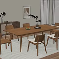 Modern Minimalist Wooden Dining Table Set with Chairs Fruit Tray Window Blinds Cabinet And Plant
