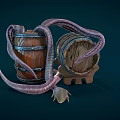 Cartoon Scene With Wooden Barrels And Purple Curled Tentacles Creature