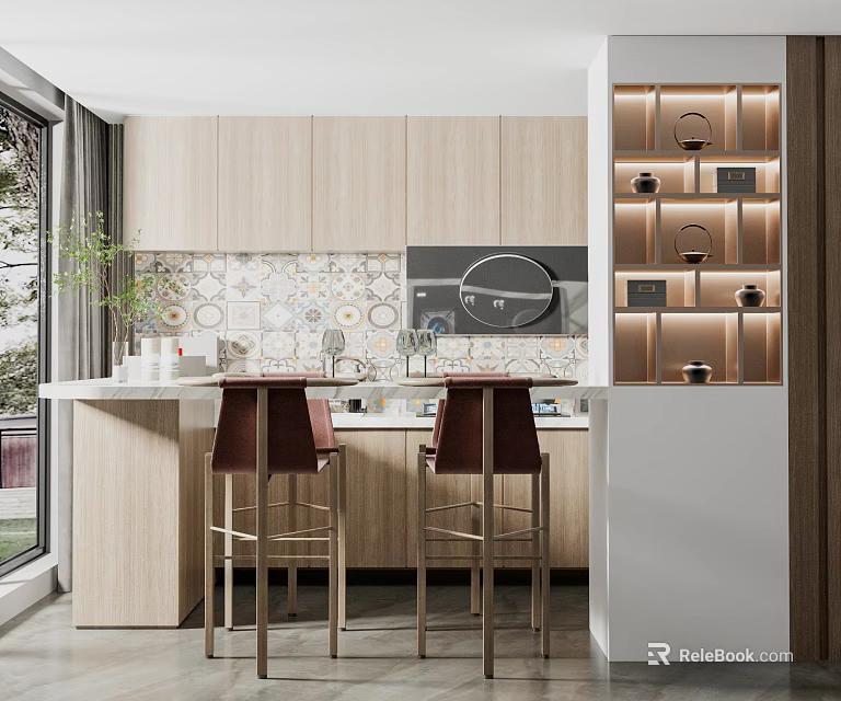 Modern Kitchen Interior Design With Open Layout Island Counter Bar Stools And Tile Backsplash 3d model