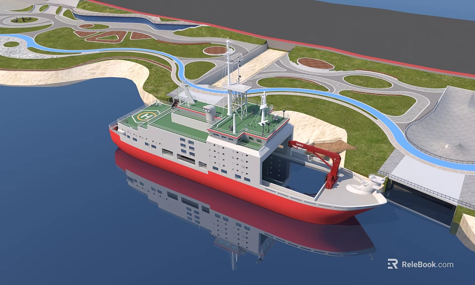 Red And White Yacht Moored In Scenic Harbor Area With Green Lawns And Winding Roads 3d model 