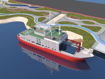 Red And White Yacht Moored In Scenic Harbor Area With Green Lawns And Winding Roads 3d model