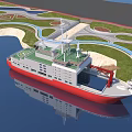 Red And White Yacht Moored In Scenic Harbor Area With Green Lawns And Winding Roads