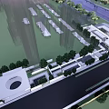 Modern Sales Office Building with White Exterior Glass Water Pool Wooden Walkway Lighting and Greenery