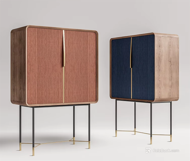 Modern Console And Side Cabinet With Red Blue Fabric Wooden Doors Gold Metal Handles 3d model 