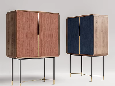 Modern Console And Side Cabinet With Red Blue Fabric Wooden Doors Gold Metal Handles 3d model