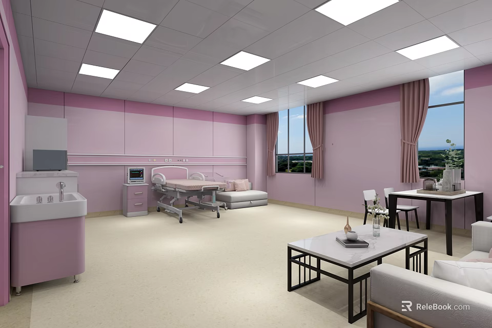Modern Pink Medical Room Interior With Bed Equipment Sofa And Windows 3d model 