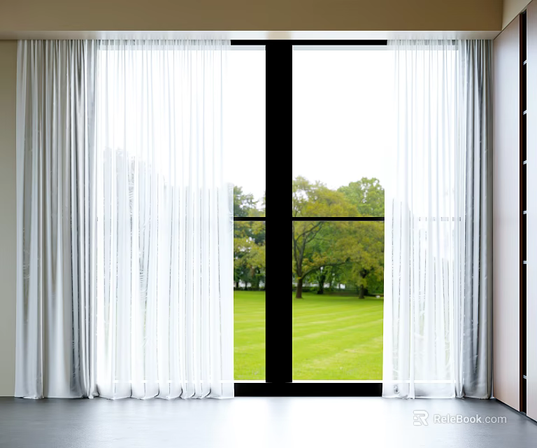 White Sheer Curtains in Bright Room with Natural Light and Green Grass View 3d model 