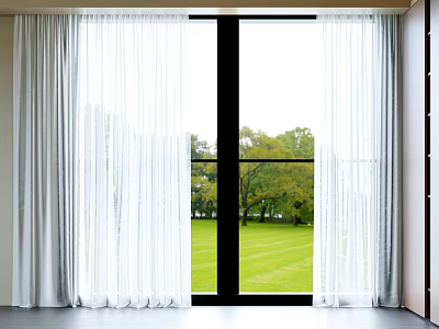 White Sheer Curtains in Bright Room with Natural Light and Green Grass View 3d model