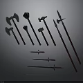 Ancient Fantasy Weapons Including Axes Hammers Spears Swords With Red Handles And Metal Heads