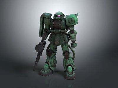 Green Mech Warrior Robot Character Holding Gun In Standing 3D Render 3d model