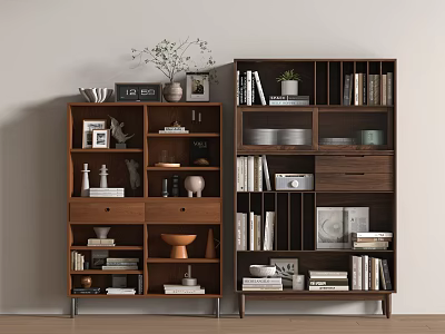 Modern Wooden Bookcase Interior Design With Books Decorative Sculptures Frames And Vases 3d model