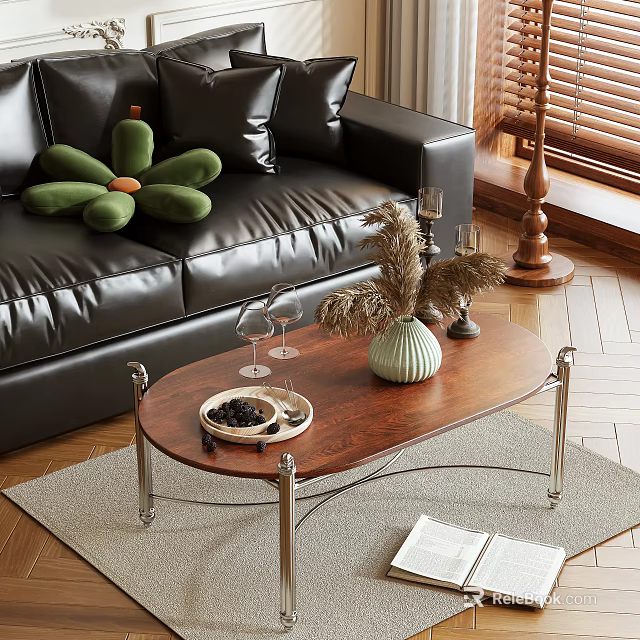 Wooden Coffee Table With Metal Legs Green Vase Dried Pampas Grass Tray And Wine Glasses 3d model 