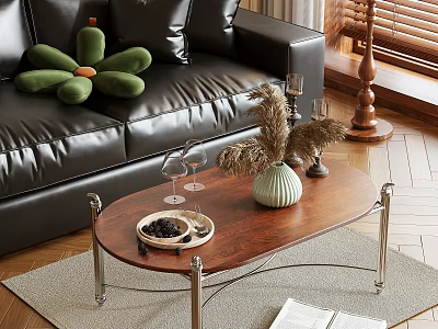 Wooden Coffee Table With Metal Legs Green Vase Dried Pampas Grass Tray And Wine Glasses 3d model