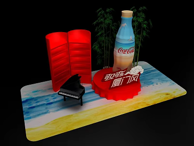 Coca Cola Bottle Display With Red Screen Black Piano Bamboo And Gradient Base 3d model