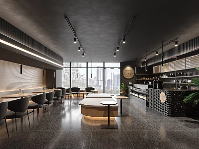 Modern Café Interior Design With Open Layout Bar Seating Natural Light And Large Windows 3d model