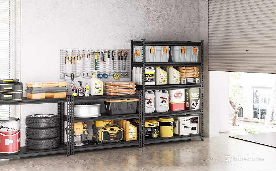 Organized Garage With Pegboard Tools Multi-tiered Shelves Storage Bins Oil Containers And Tires 3d model 