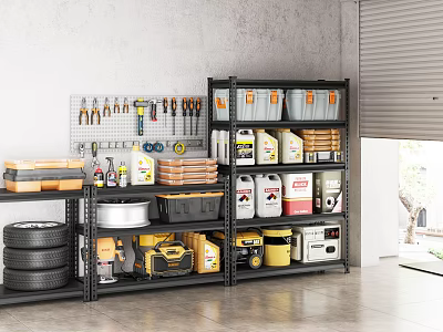 Organized Garage With Pegboard Tools Multi-tiered Shelves Storage Bins Oil Containers And Tires 3d model
