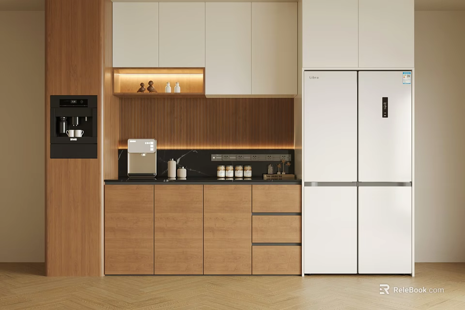Modern Wooden White Sideboard Design With Countertop Coffee Machine And Refrigerator 3d model 