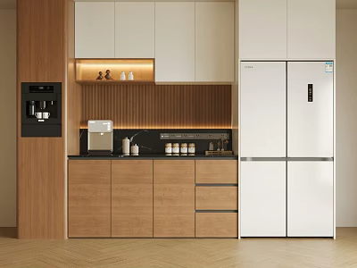 Modern Wooden White Sideboard Design With Countertop Coffee Machine And Refrigerator 3d model