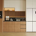 Modern Wooden White Sideboard Design With Countertop Coffee Machine And Refrigerator